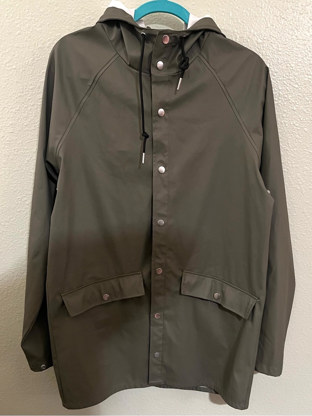 Men's Jack and Jones Hooded Olive Green Raincoat with Snap Front.